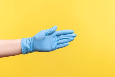 Profilde insan elinin mavi cerrahi eldivenli yakın çekimi selamlaşmaya ya da dokunmaya yardımcı oluyor. İçerde, stüdyoda, sarı arka planda izole edilmiş..