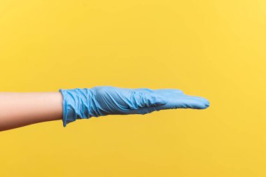 Profil yan görüntüsü. Mavi eldivenli insan eli. İçerde, stüdyoda, sarı arka planda izole edilmiş..