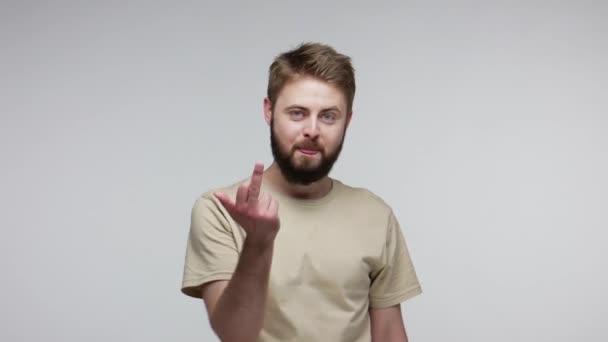 Aggressive Hooligan Bearded Man Showing Middle Finger Demonstrating Protest Hate — Stock Video