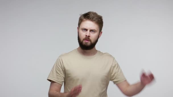 Rog Opreşte Bărbat Barbă Îngrijorată Care Arată Gestul Timp Liber — Videoclip de stoc