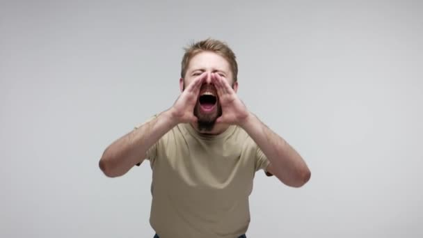 Stressed Out Depressed Bearded Man Shouting Desperately Hands Shaped Megaphone — Stock Video