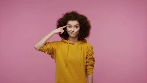 Displeased Annoyed Girl Afro Hairstyle Hoodie Showing Stupid Gesture Accusing — Αρχείο Βίντεο