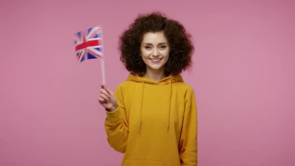 Chica Patriótica Alegre Afro Peinado Sudadera Con Capucha Ondeando Bandera — Vídeos de Stock