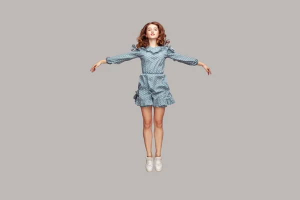 Full Length Happy Calm Pretty Girl Vintage Ruffle Dress Levitating — Stock Photo, Image