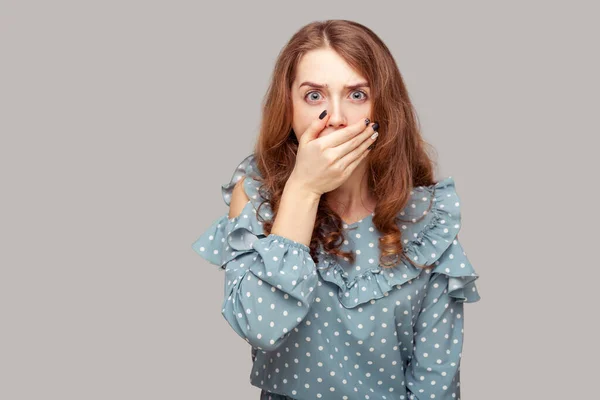 Won Say Anyone Shocked Frightened Girl Ruffle Blouse Covering Mouth — Stock Photo, Image