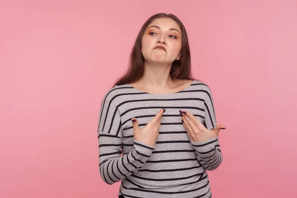 Best Portrait Arrogant Egoistic Woman Striped Sweatshirt Pointing Herself Looking — Stock Photo, Image