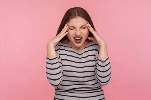 Migraine Stress Tension Portrait Depressed Ill Woman Striped Sweatshirt Clasping — Stock Photo, Image