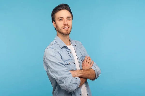 Portrait Happy Confident Handsome Man Stylish Hairdo Bristle Wearing Worker — Stock Photo, Image