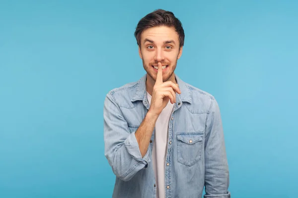 Please Keep Quiet Confidential Portrait Happy Man Worker Denim Shirt — Stock Photo, Image