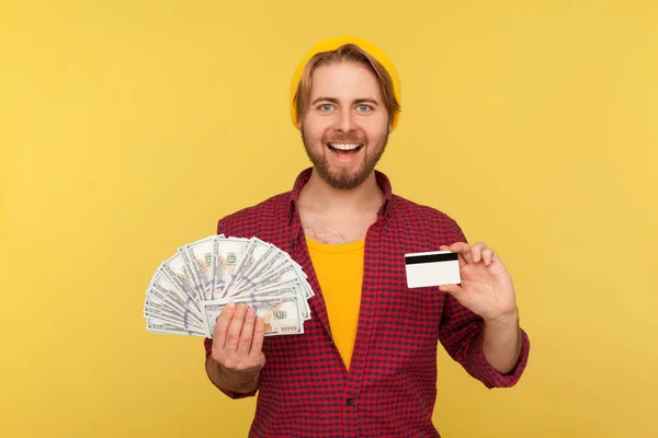 Empréstimo Bancário Poupança Financeira Comércio Hipster Alegre Camisa Quadriculada Com — Fotografia de Stock