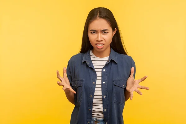 Aggressive Emotionen Streit Porträt Eines Irritierten Mädchens Jeanshemd Das Wütend — Stockfoto