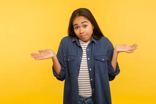 Have Idea Maybe Portrait Confused Girl Denim Shirt Shrugging Shoulders — Stock Photo, Image