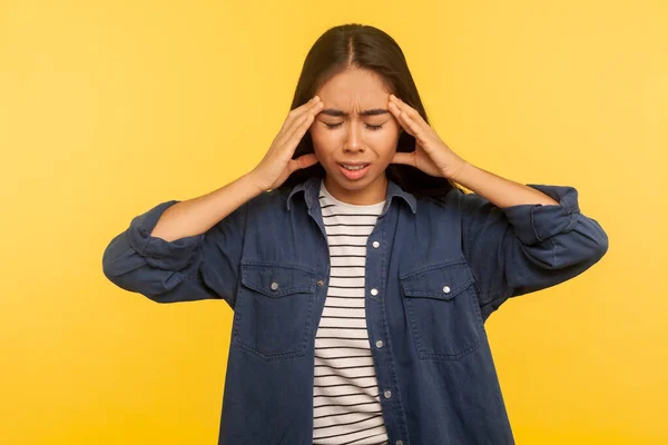 Headache Portrait Ill Girl Denim Shirt Clasping Hands Sore Head — Stock Photo, Image