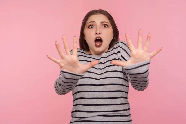 Panic Phobia Portrait Scared Woman Striped Sweatshirt Raising Hands Sudden — Stock Photo, Image