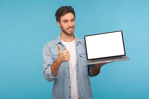 Portrait Satisfied Smiling Handsome Man Worker Denim Shirt Showing Thumbs — Stock Photo, Image