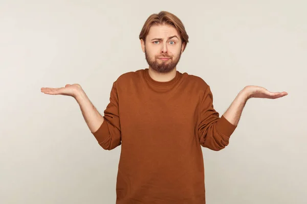 Don Know Portrait Clueless Confused Man Beard Wearing Sweatshirt Shrugging — Stock Photo, Image