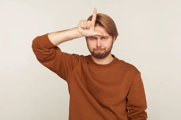 Sou Falhado Retrato Homem Triste Infeliz Com Barba Camisola Com — Fotografia de Stock