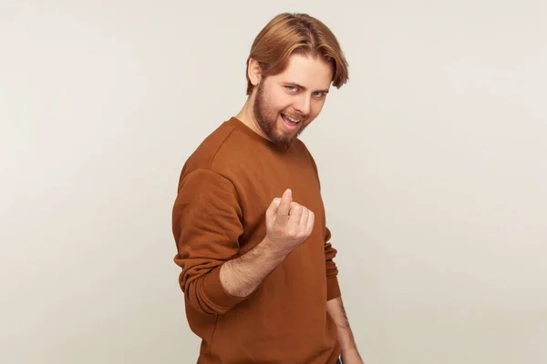 Come Here Portrait Positive Bearded Man Sweatshirt Standing Inviting Hither — Stock Photo, Image