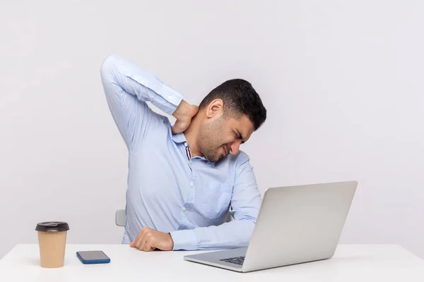 Tired Male Employee Sitting Office Workplace Touching Sore Back Neck — Stock Photo, Image