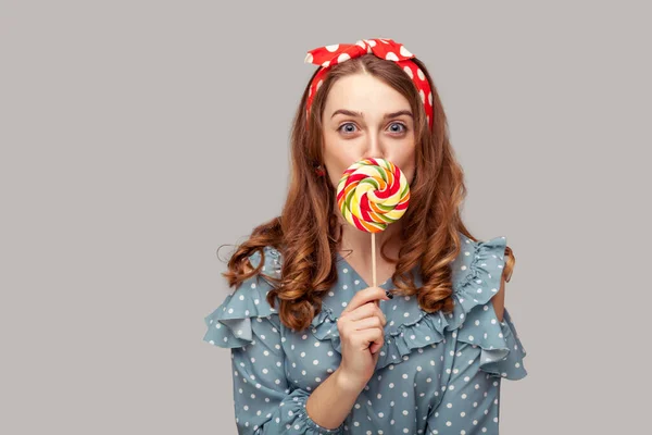 Amazed Pinup Girl Ruffle Blouse Licking Sweet Candy Looking Camera — Stock Photo, Image