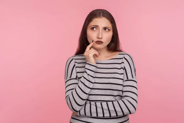 Portrait Worried Pensive Young Woman Striped Sweatshirt Touching Chin While — Stock Photo, Image