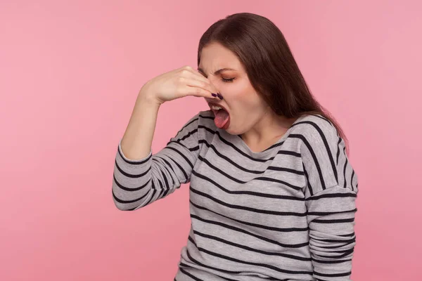 Portrait Woman Grimacing Disgust Holding Breath Pinching Nose Fingers Avoid — Stock Photo, Image