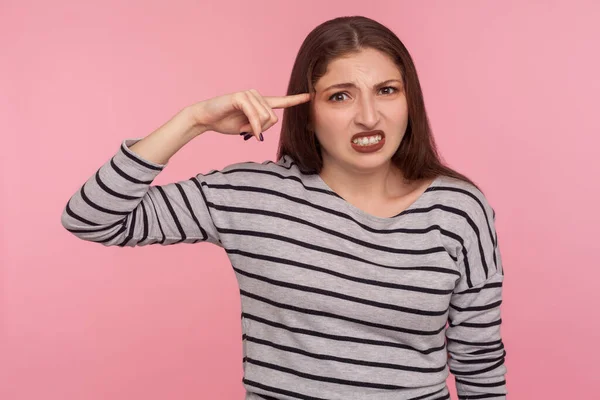 Insane Idea Portrait Displeased Woman Striped Sweatshirt Showing Stupid Gesture — Photo