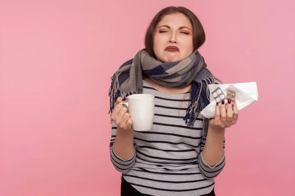 Portrait Ill Woman Scarf Making Miserable Face Holding Tea Cup — Stock Photo, Image