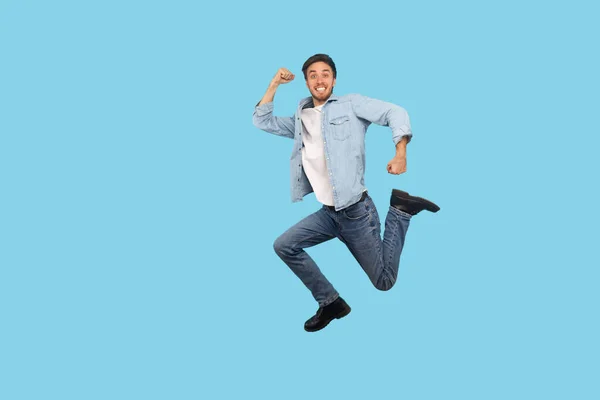 Full Length Man Denim Outfit Flying Jumping Air Inspired Ambitious — Stock Photo, Image