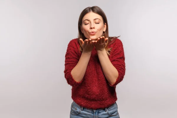 Love You Valentine Portrait Attractive Brunette Girl Shaggy Sweater Sending — Stock Photo, Image