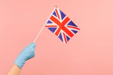 Birleşik Krallık 'ın kurucu bir biriminin bayrağını taşıyan mavi eldivenli insan elinin profil yan görüntüsü. 4 Haziran: İngiliz Bağımsızlık Günü. Kapalı çekim, pembe arka planda izole edilmiş..