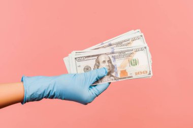 Profil yan görüntüsü, elinde mavi ameliyat eldivenleri olan ve elinde Amerikan dolarının hayranı olan insan eli. İçerde, stüdyoda, pembe arka planda izole edilmiş..