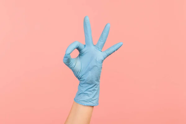 Profile Side View Closeup Human Hand Blue Surgical Gloves Showing — Stock Photo, Image