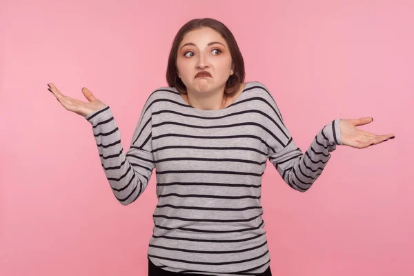 Don Know Whatever Portrait Confused Woman Striped Sweatshirt Shrugging Shoulders — Stock Photo, Image