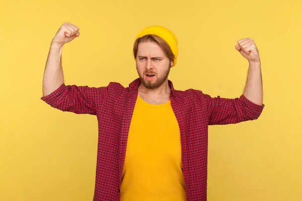 Sou Forte Homem Barbudo Hipster Orgulhoso Chapéu Gorro Camisa Quadriculada — Fotografia de Stock