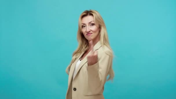 Rude Unkind Adult Woman Business Suit Showing Middle Finger Looking — Vídeos de Stock