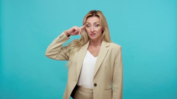 Stupid Tired Depressed Adult Woman Business Style Suit Twisting Finger — Stock Video