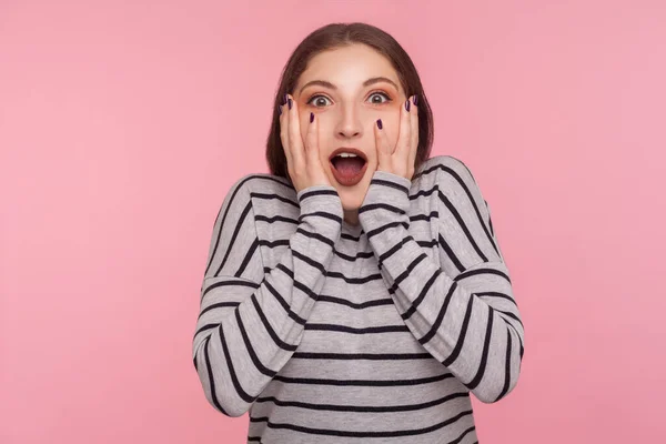 Wow Unbelievable Portrait Excited Surprised Woman Striped Sweatshirt Standing Open — Stock Photo, Image