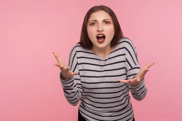 How Could You Portrait Annoyed Angry Woman Striped Sweatshirt Raising — Stock Photo, Image