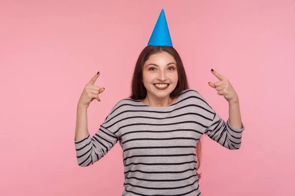 Happy Birthday Portrait Optimistic Pretty Woman Pointing Party Cone Hat — Stock Photo, Image