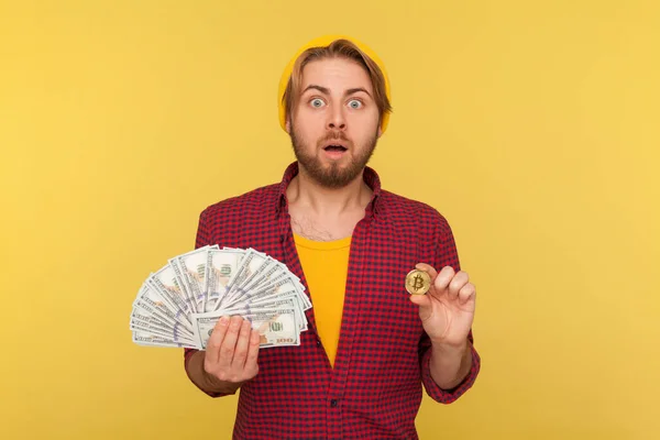 Digitale Investering Geld Wisselen Verbazingwekkende Hipster Man Geruite Shirt Met — Stockfoto