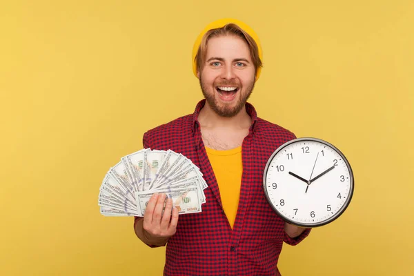 Hora Ganar Dinero Feliz Chico Barbudo Hipster Alegre Camisa Cuadros —  Fotos de Stock