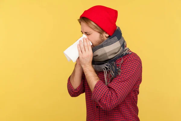 Sick Man Hat Warm Scarf Coughing Sneezing Tissue Feeling Unwell — Stock Photo, Image