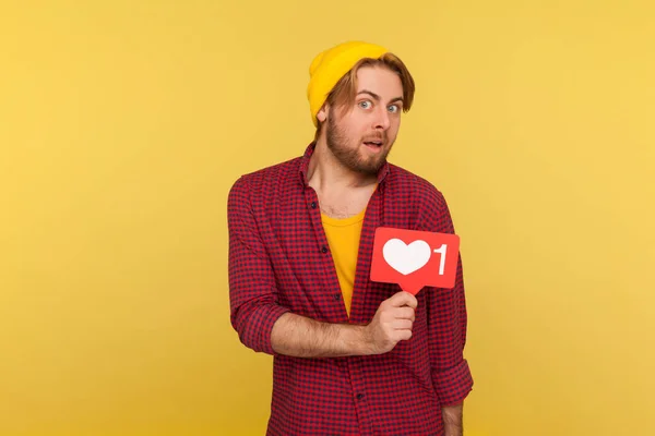 Amazed Hipster Guy Checkered Shirt Holding Heart Icon Counter Button — Stock Photo, Image