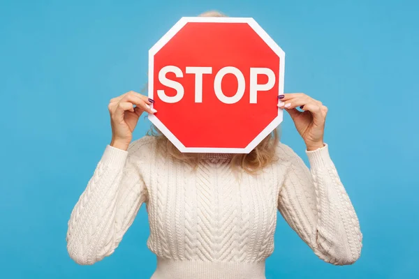 Woman White Knitted Sweater Hiding Her Face Stop Sign Afraid — Stock Photo, Image