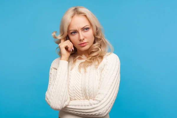Thoughtful Serious Woman Blond Hair Knitted Sweater Pondering Thinking Business — Stock Photo, Image