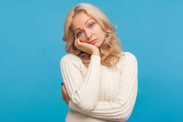 Lonely Bored Woman Curly Blond Hair Looking Camera Disinterest Leaning — Stock Photo, Image