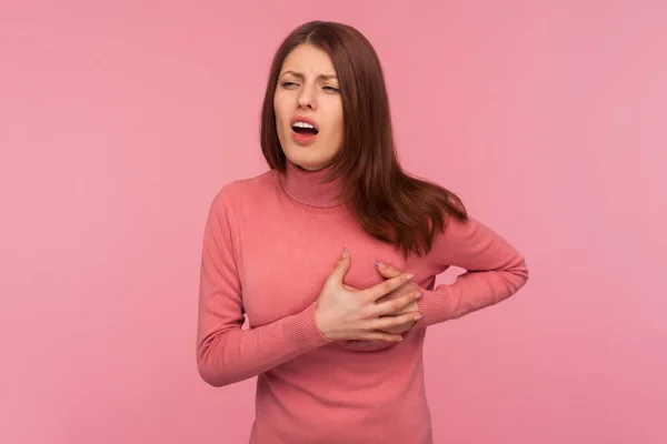 Unhappy Sick Brunette Woman Holding Hands Chest Feeling Acute Pain — Stock Photo, Image