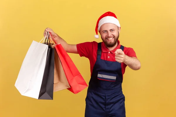 São Para Homem Entrega Sorrindo Positivo Chapéu Papai Noel Segurando — Fotografia de Stock