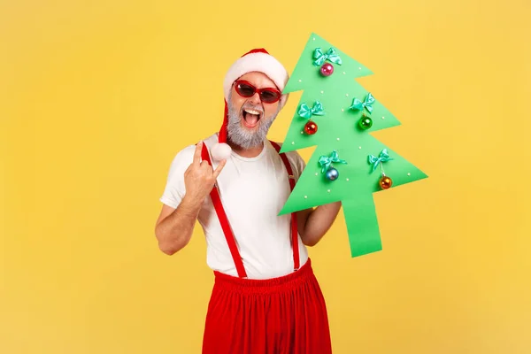 Extremely Happy Excited Gray Bearded Man Santa Claus Hat Holding — Stock Photo, Image